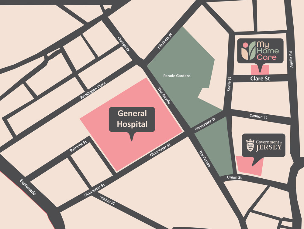 Map showing the My Home Care office on Clare Street, St Helier, close to the General Hospital and Parade Gardens